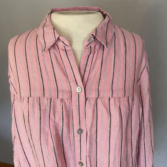 J. Jill Love Linen Shirt Dress MED Pink Stripe Button Front Tiered Ruffle Boho - Picture 2 of 12